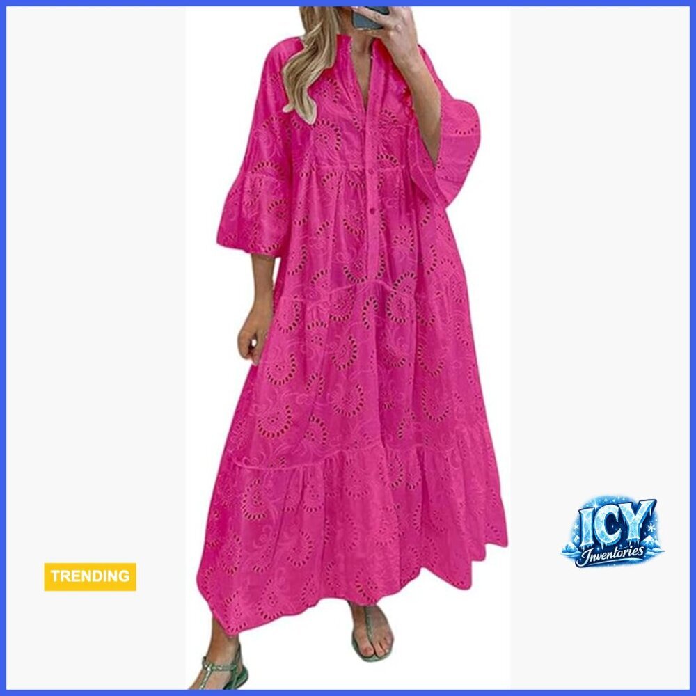 Lace V-Neck Maxi Dress with Eyelet Embroidery and 3/4 Trumpet Sleeves
